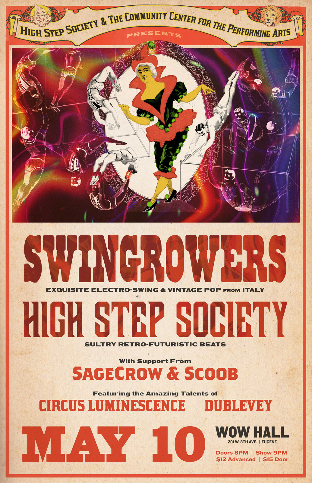 High Step Society and Swingrowers show poster for event at WOW Hall, Eugene