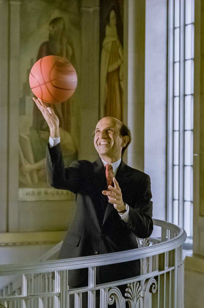 Attorney General Joel Klein shows his basketball prowess for a newspaper story, June 4, 1998