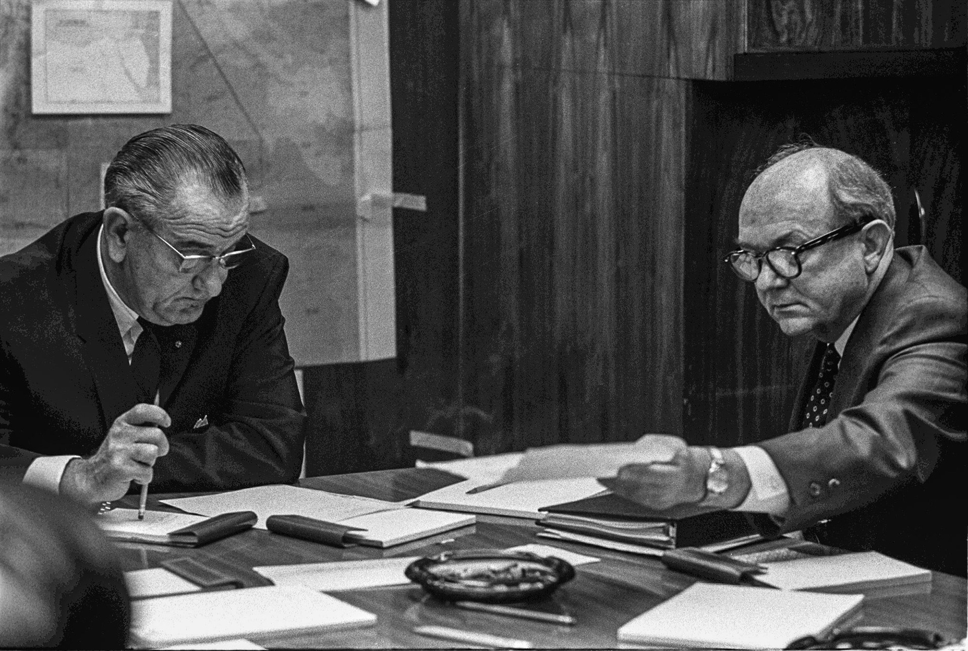 President Lyndon Johnson with Secretrary of State Dean Rusk at right in the Situation Room on the first day of the Six-Day War in the Middle East, June 5, 1967.