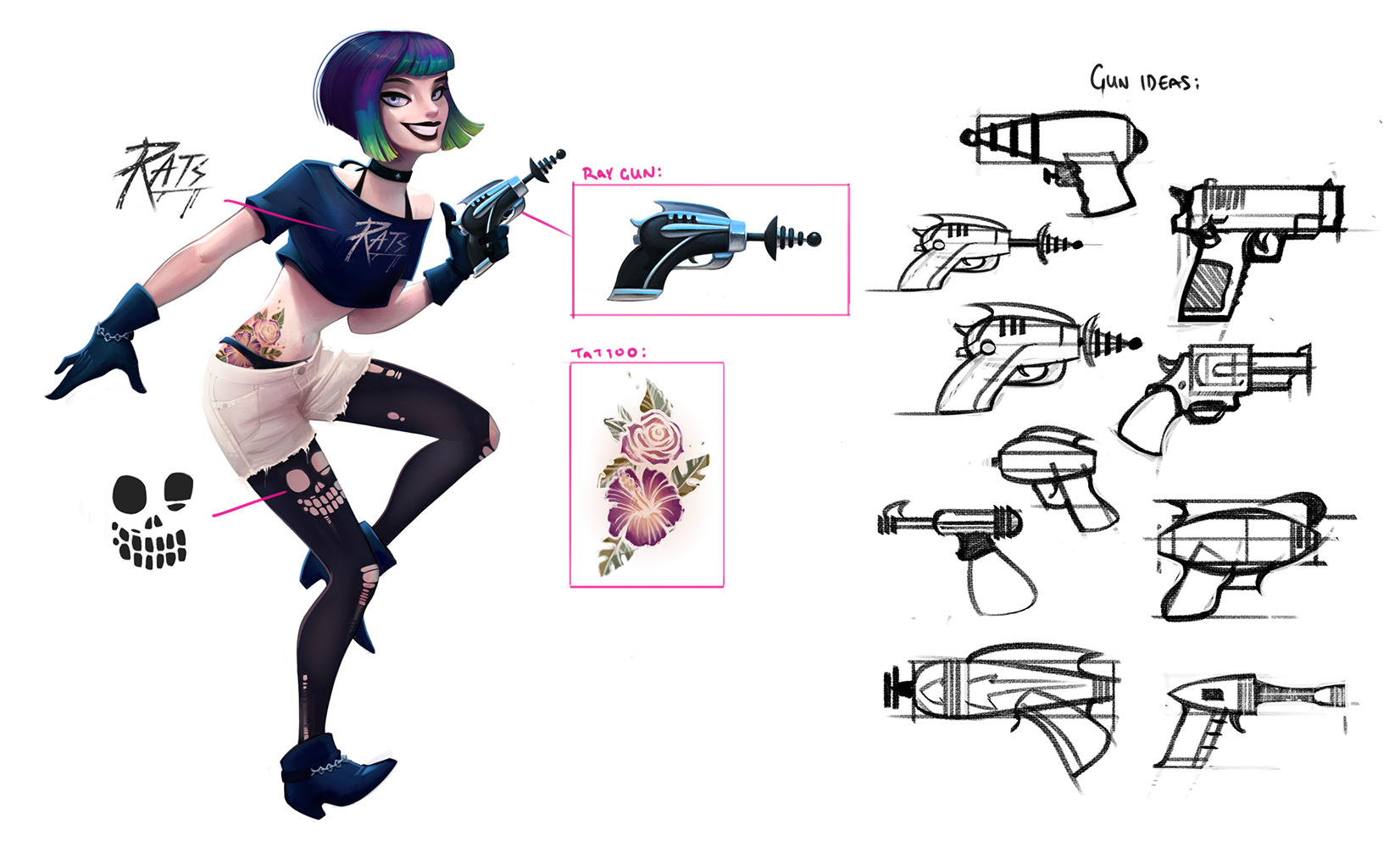 A breakdown of details included on this gal. Left to center are some clearer shots of the art on her clothing/tattoo and the ray gun. To the right are some quick ray gun ideas.