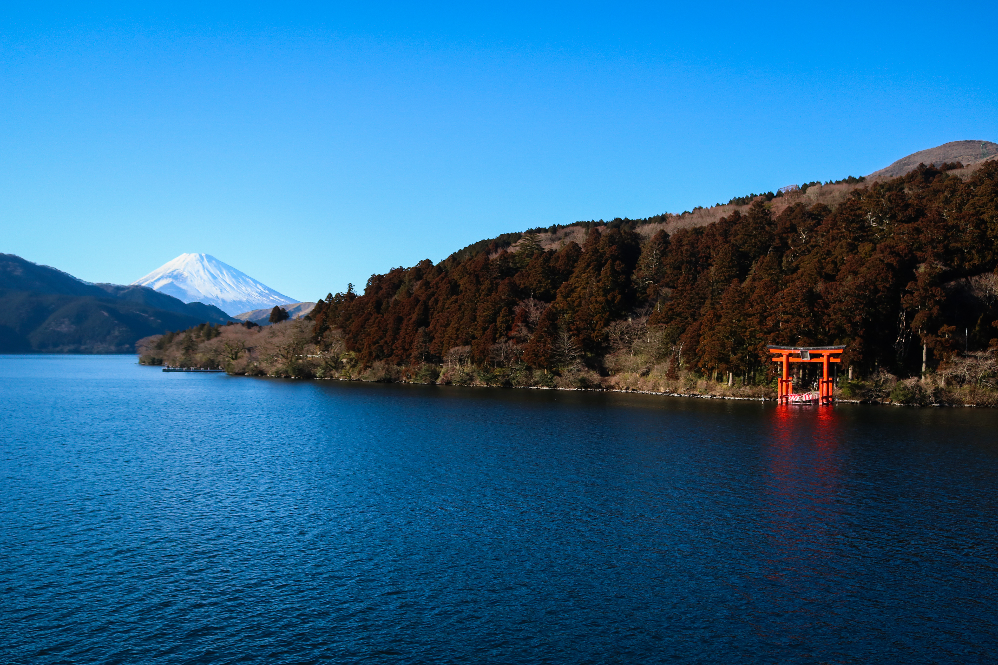 Mt Fuji overshadowing Lake Ashi in Hakone, Japan, 2019