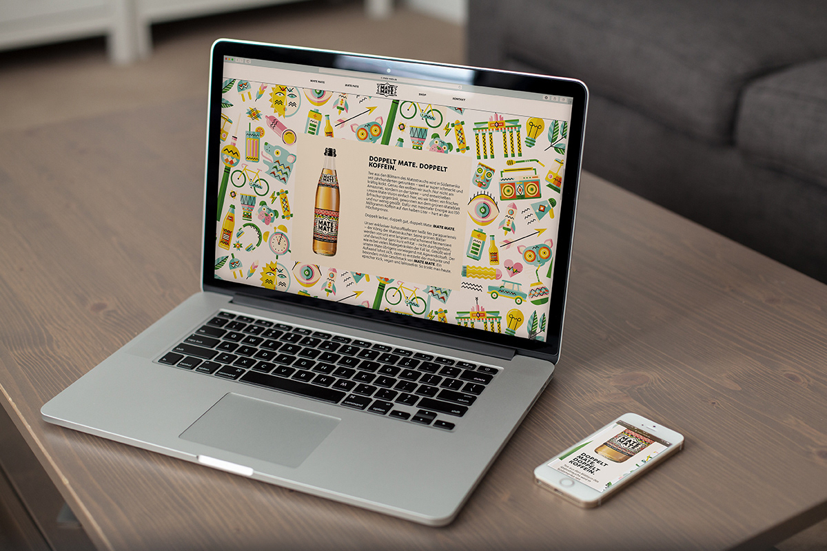 Website with illustrative icon pattern for Thomas Henry’s Mate Mate lemonade by Adrian Bauer
