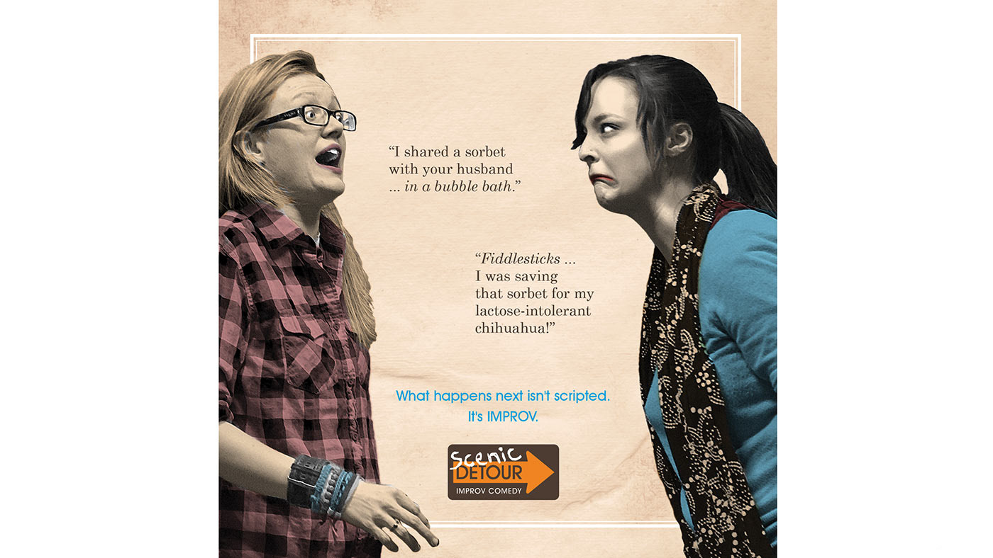Advertisment for improv comedy with two female comedians making funny expressions