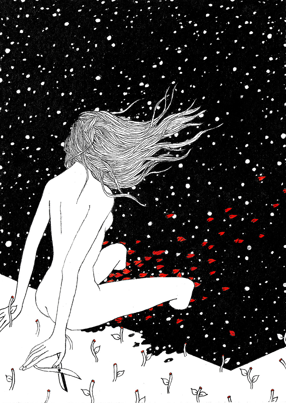 Girl in the universe mini size surreal drawing for sale