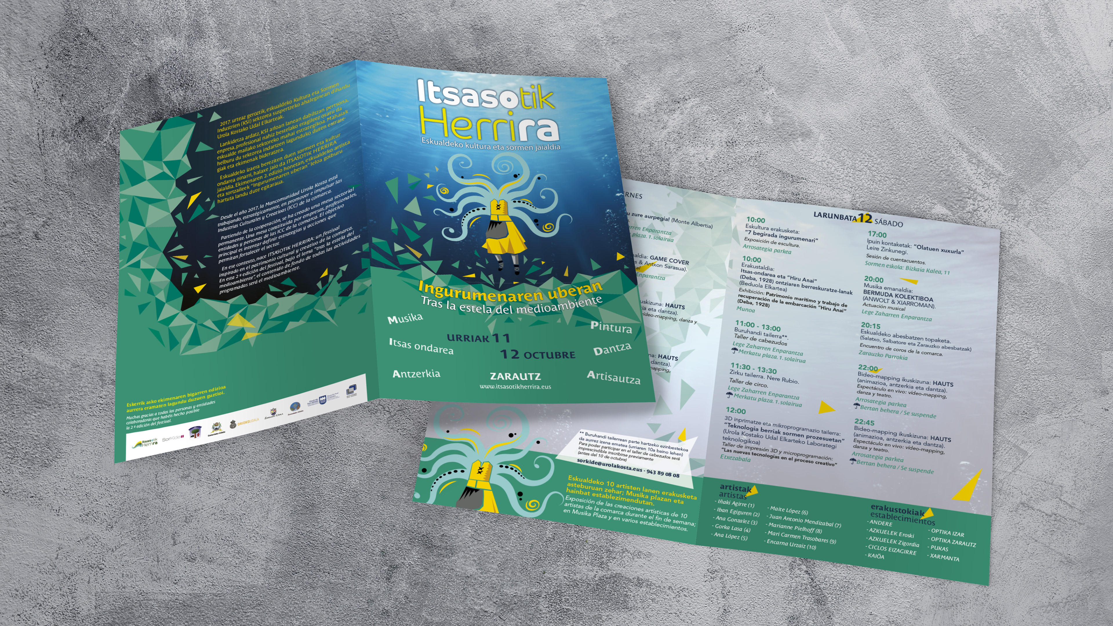 Creatividad, diseño gráfico y maquetación de díptico con la programación del evento Itsasotik Herrira.