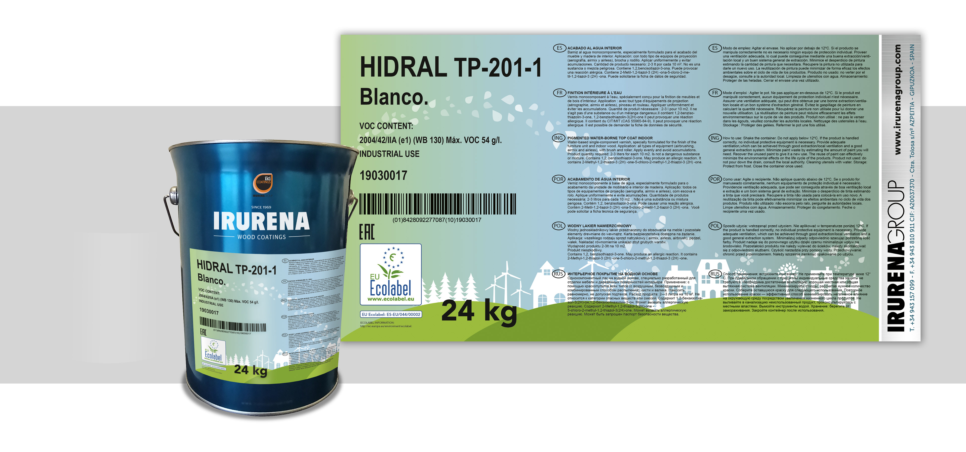 Diseño gráfico para etiqueta de barniz con sello Ecolabel.