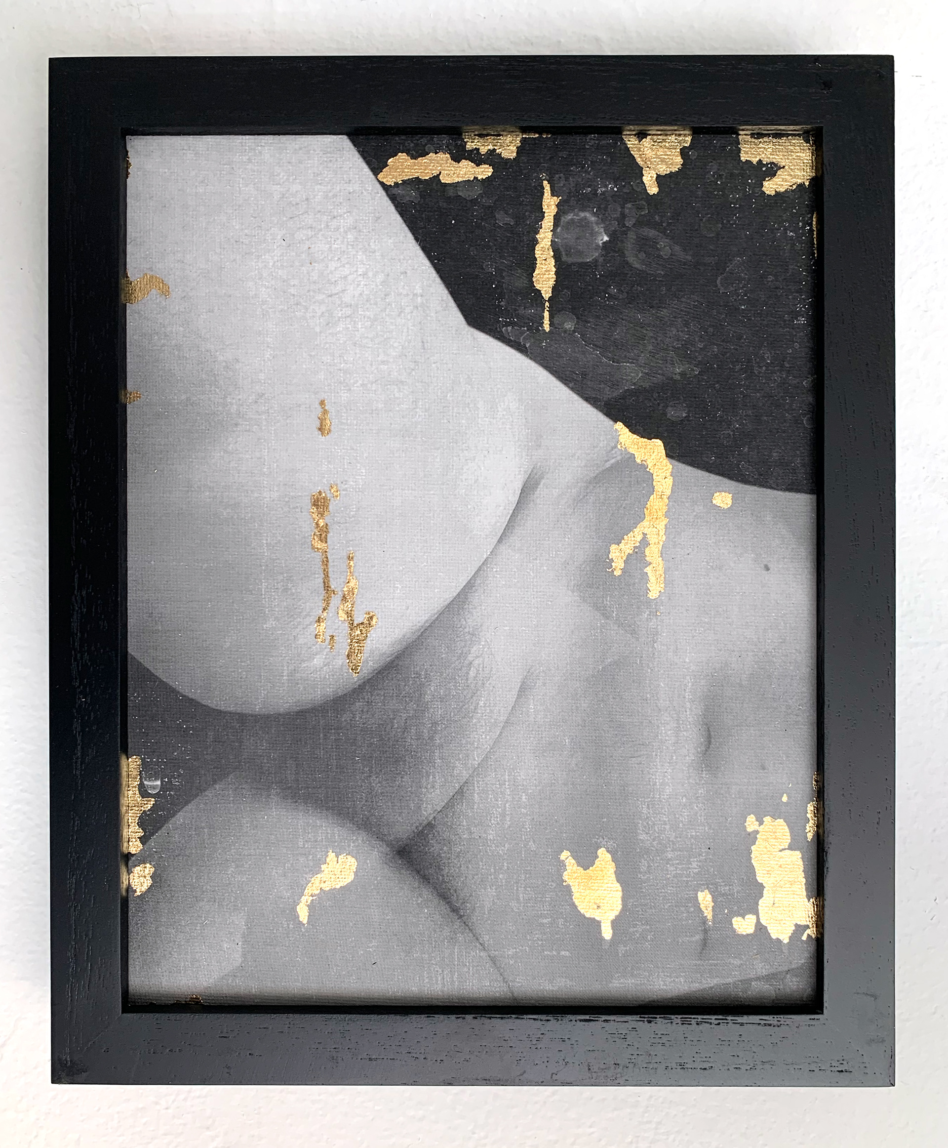 Disintegrate 4, 2020, acrylic, toner and composite gold leaf on canvas board, 10 x 8 inches