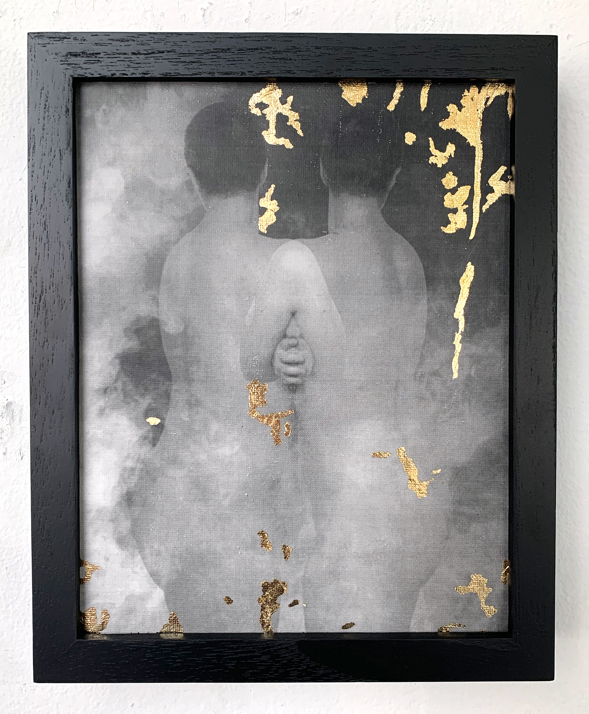 Disintegrate 3, 2020, acrylic, toner and composite gold leaf on canvas board, 10 x 8 inches