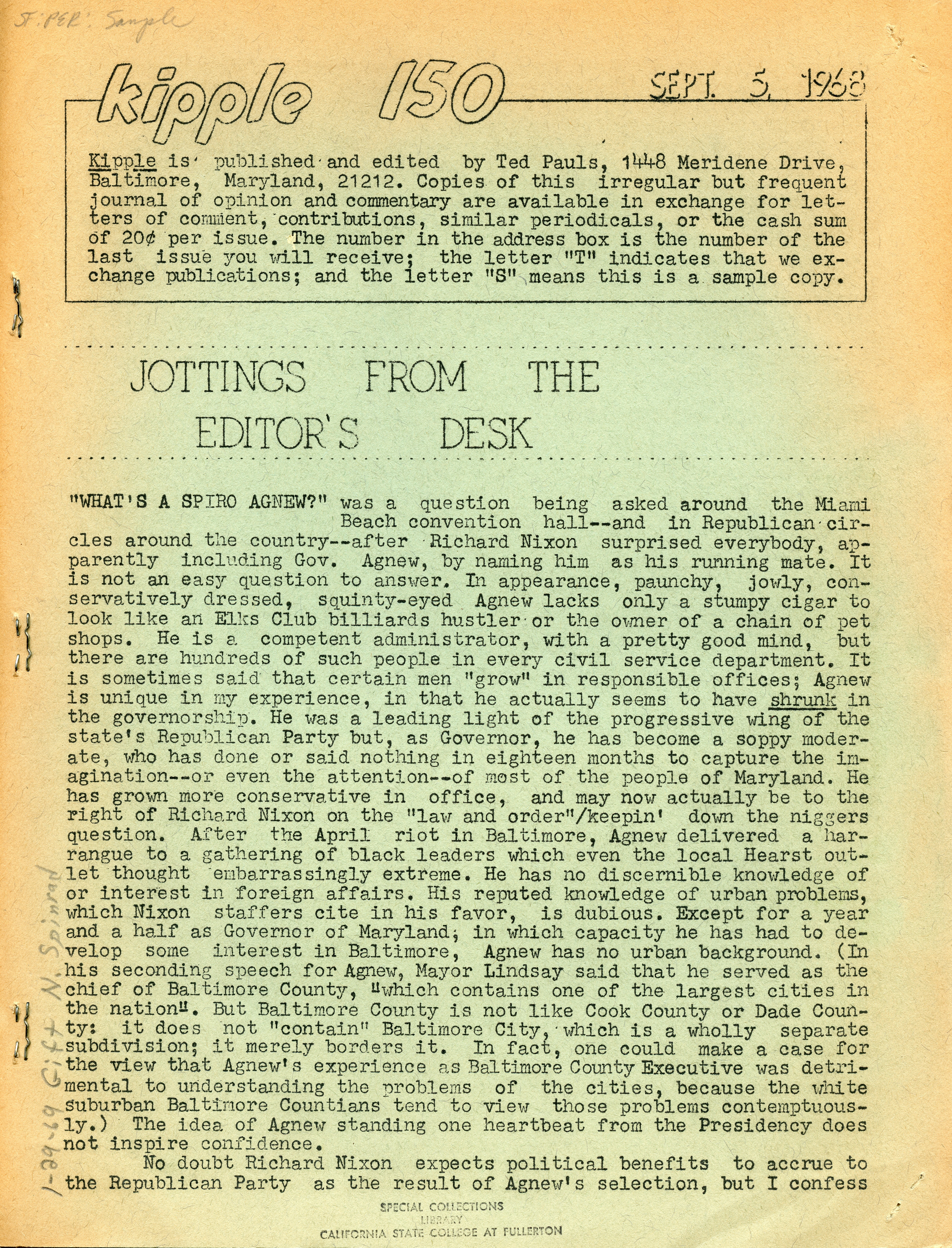 Kipple. Ted Pauls, no. 150 (September 5, 1968).