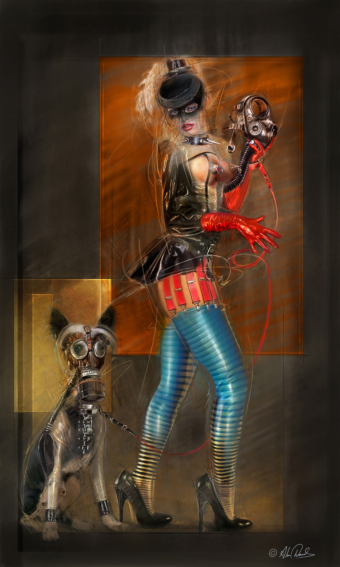 Chinois, lady and her dog, both with gas masks, she is wearing a black latex jacket, high heel shoes, stripped stockings and a garter belt, also red gloves.