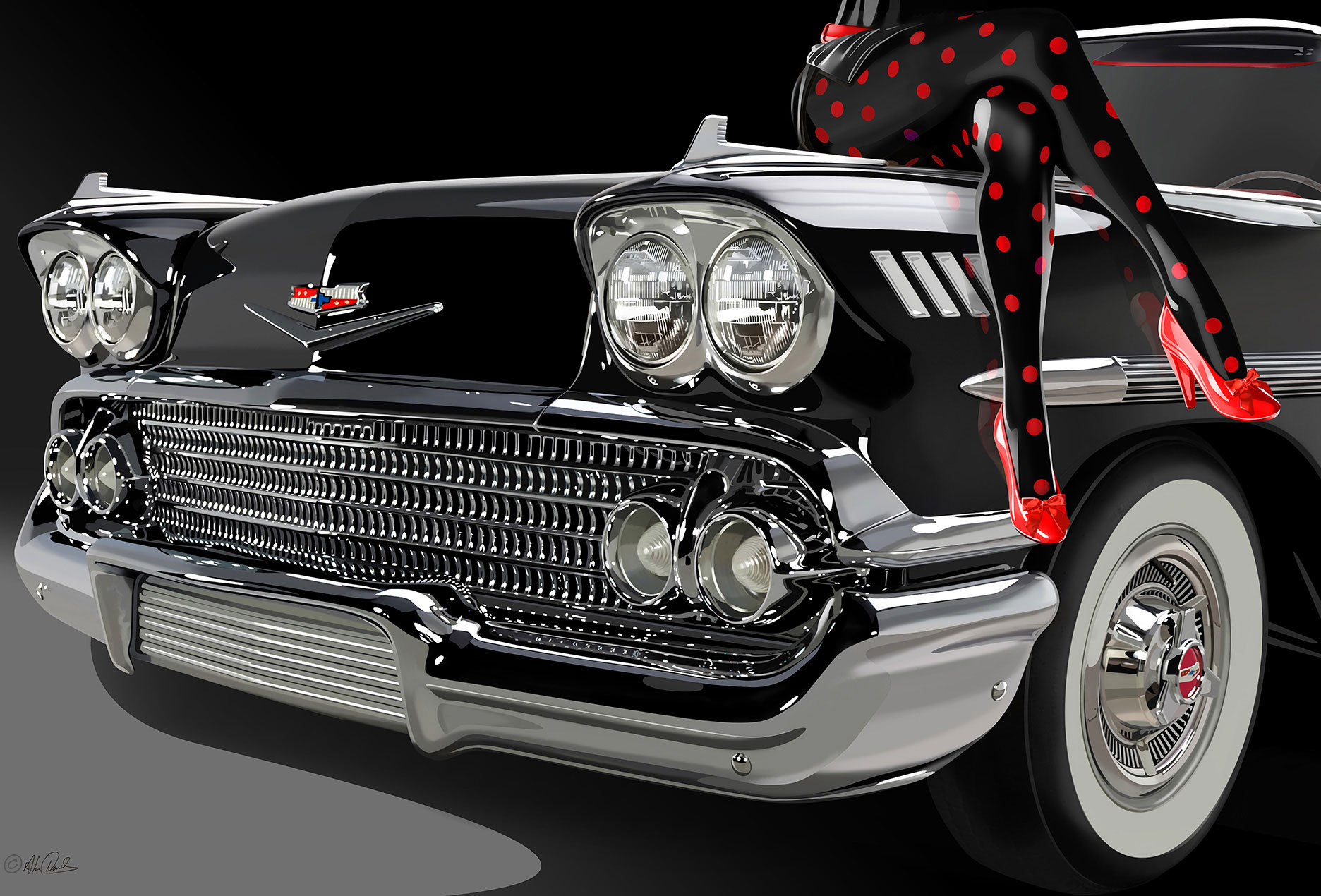 1958 Chevrolet Impala with ayoungg lady sitting on the car wearing red spotted tights and red high heel shoes with bows on.