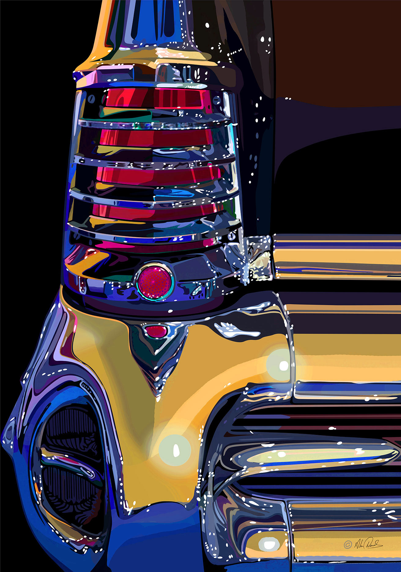 The rear light of a 1958 Buick limited, highly reflective chrome.