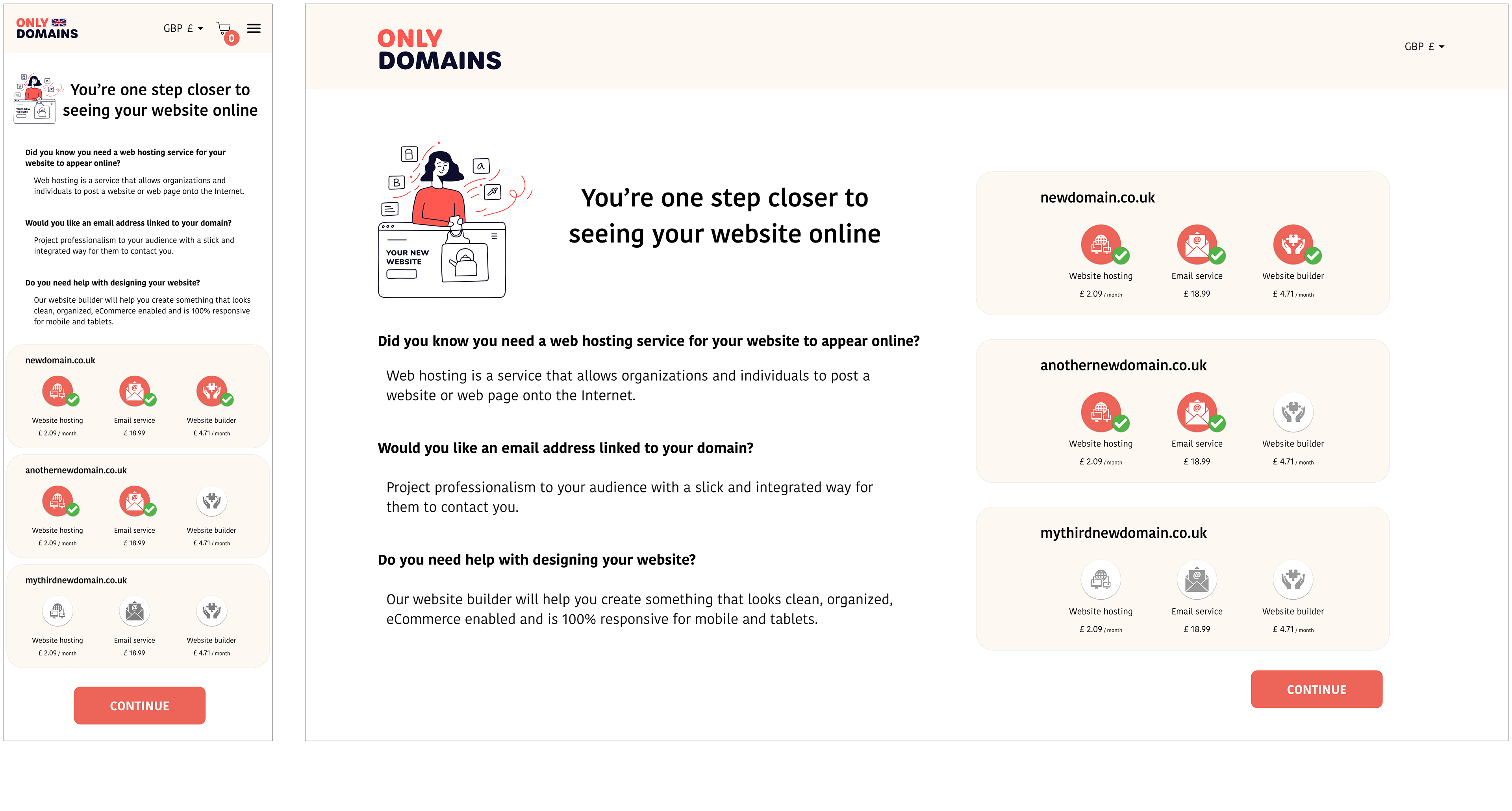 New page and step within the flow to promote add-on services. Positioned after domain selection and before login/signup.