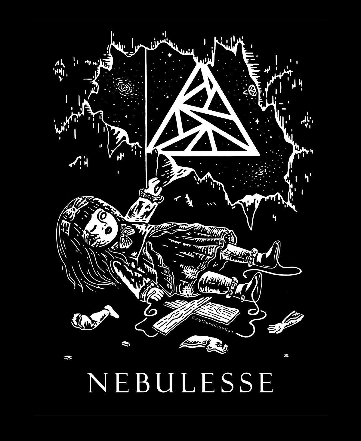 Tshirt design for the band Nebulesse featuring a broken puppet looking up at a galaxy