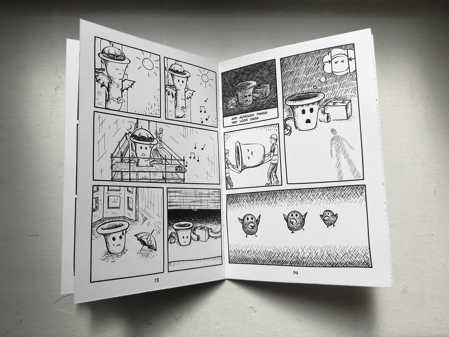 Page 13-14 of the novel, showing the sculpture being dismantled and put in storage