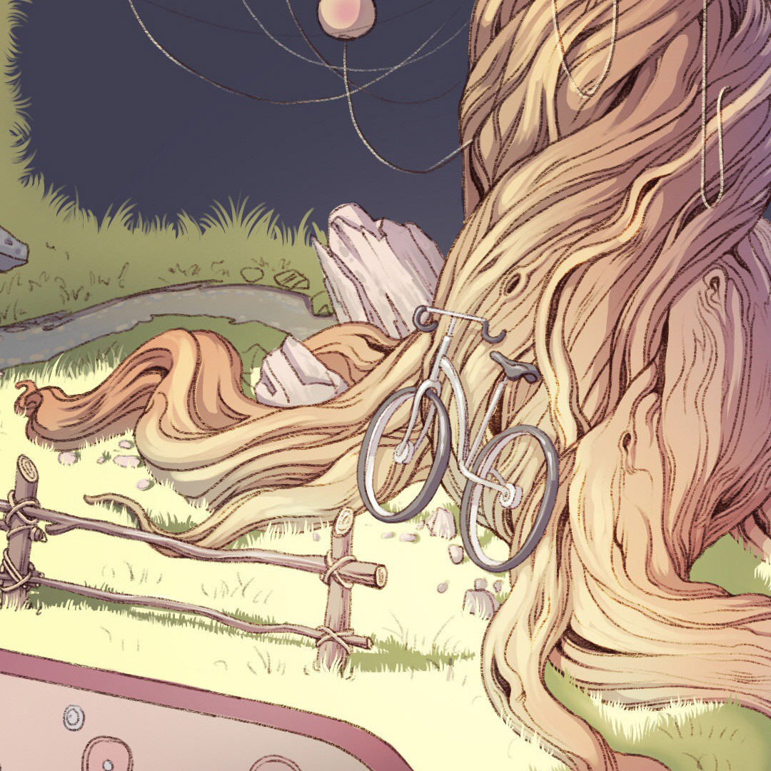 Ribbon landscape. Tree and bicycle details.