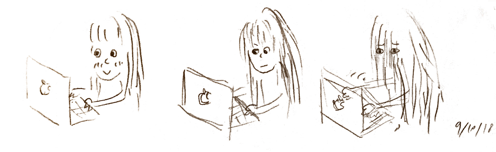 Drawings of Meah working on a laptop and getting exceedingly confused