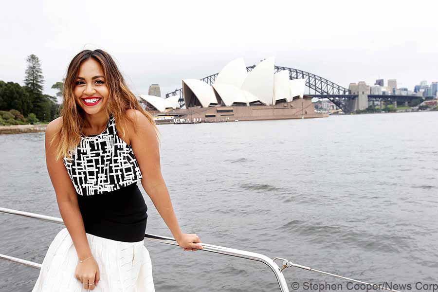 Singer, songwriter and actor Jessica Mauboy after filming a segment for US Today show with Savannah Guthrie on a boat on Sydney Harbour. Pic Stephen Cooper © News Corp
