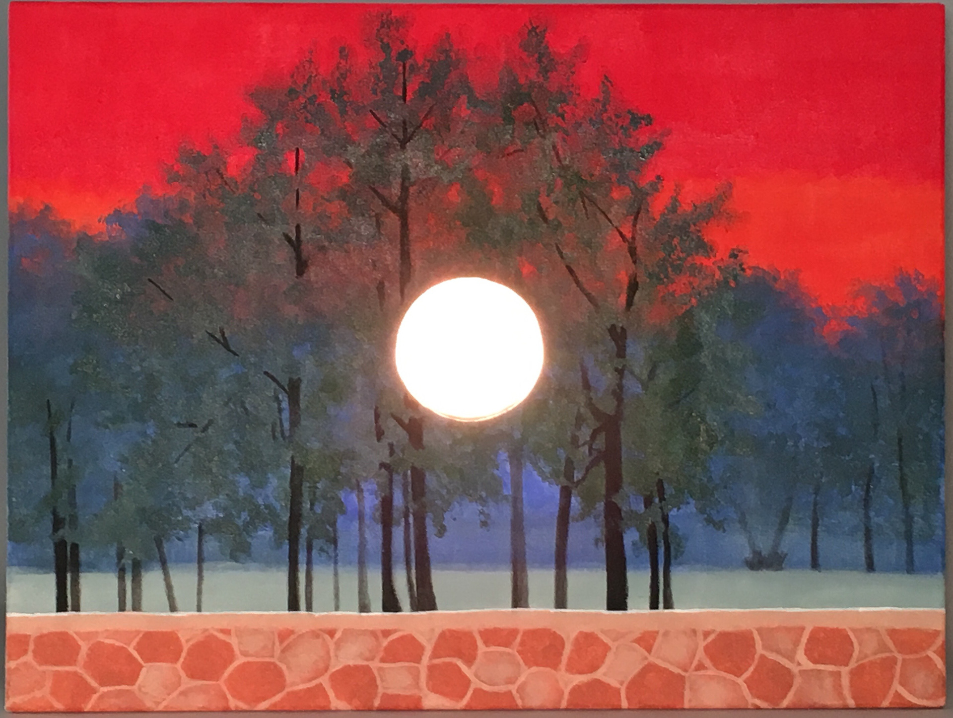 "La Alameda (Reproduction of René Magritte's 1958 "The Banquet,") acrylic and foil on canvas, 18 in. x 24 in. 2017.