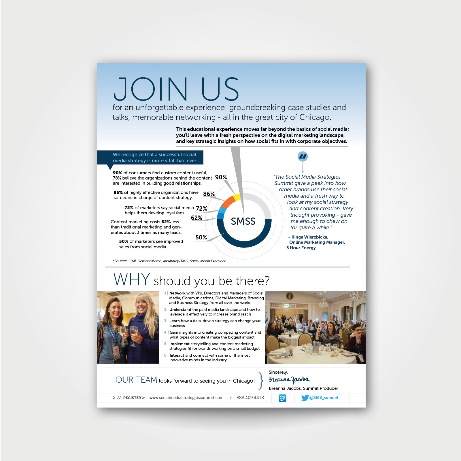 SMSS, Social Media Strategies Summit Chicago, pie chart, 3D pie chart, LMID Linda Modica, conference design, conference brochure, info graphic, infographics, graphic design