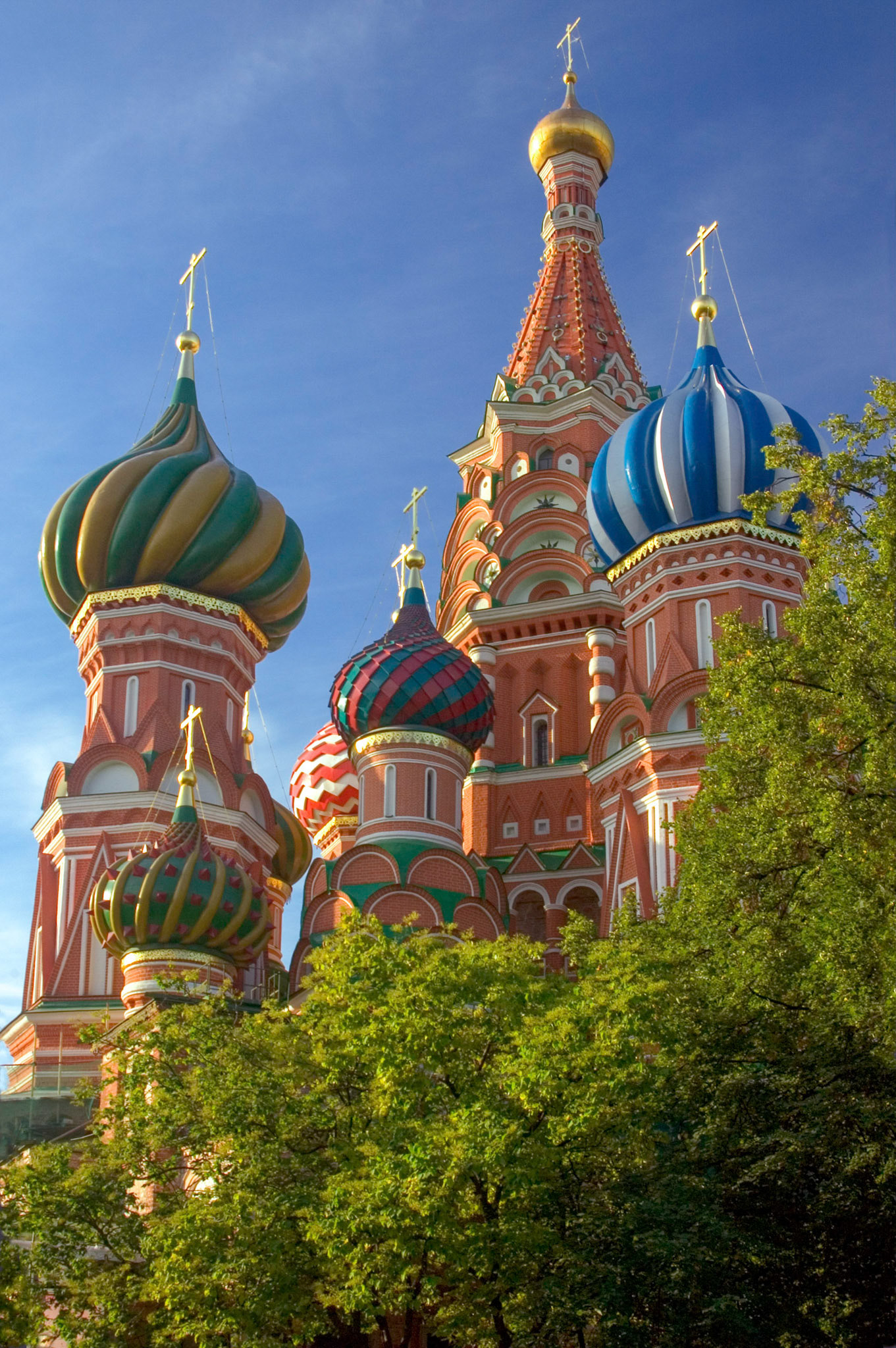 View of St. Basil's Cathedral close up, from the North side, lower sidewalk.