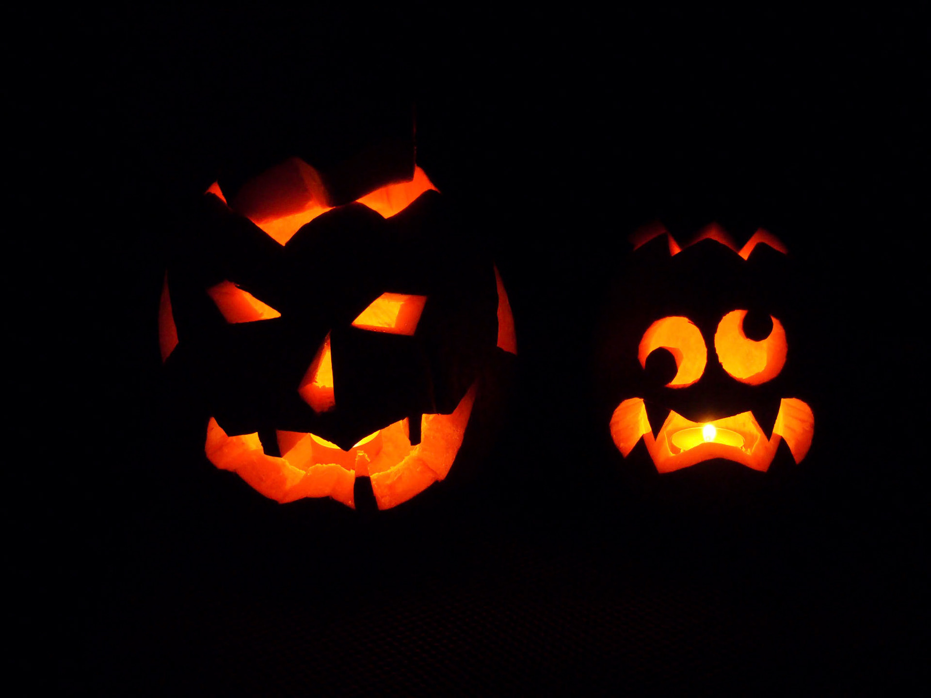 Jack-o'-lanterns stare out from the darkness with an inner glow.