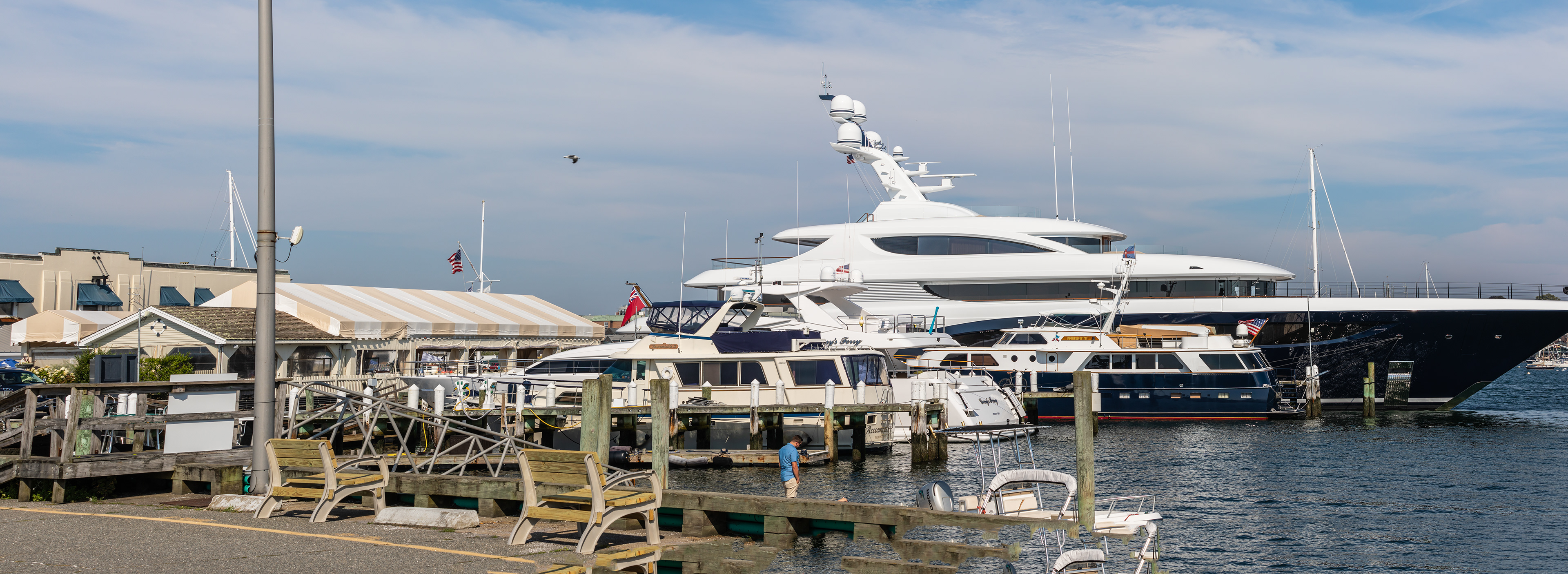 The "Podium" superyacht docked at Goat Island Marina, Newport RI