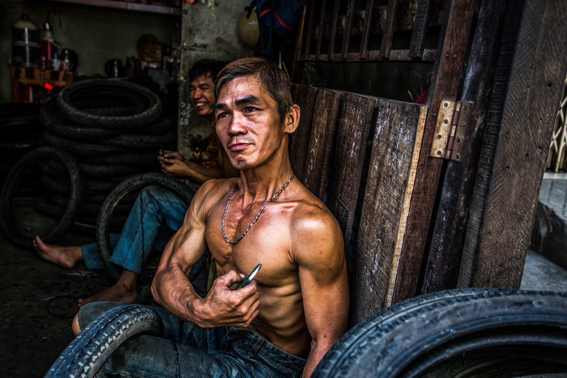 Tire repair shop. Ho Chi Minh City, Vietnam. 