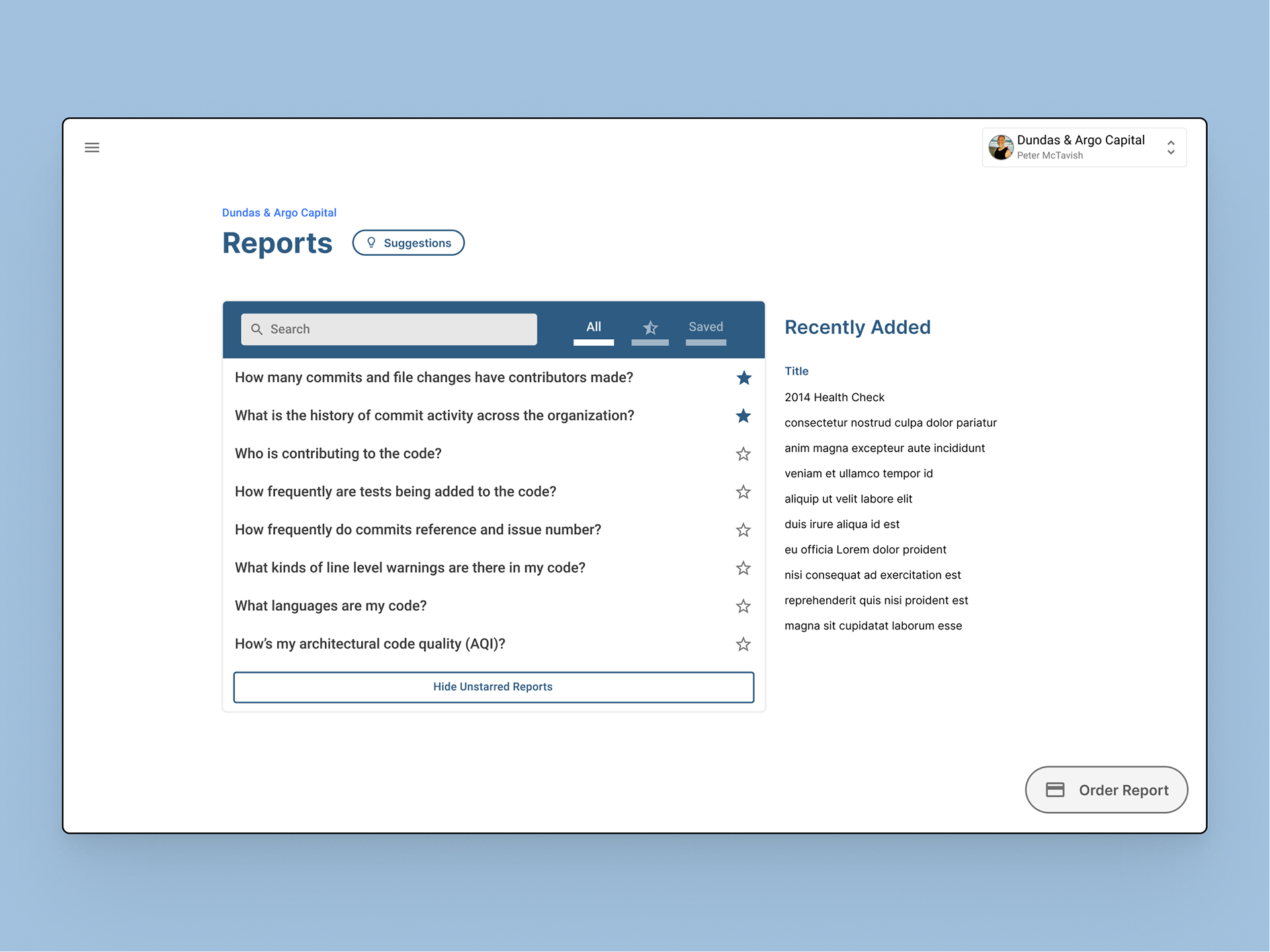 A list of available reports. New custom reporting can be delivered to customers, including one off analyses or regular reporting prepared by professional services. A button to Order Report imagines an additional revenue stream; users connecting with professional services and purchasing one-off reporting outside of what is included in the contract.