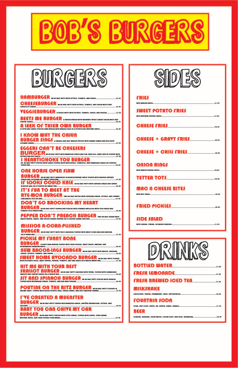 Megan Ghigliotty Bob's Burgers Menu