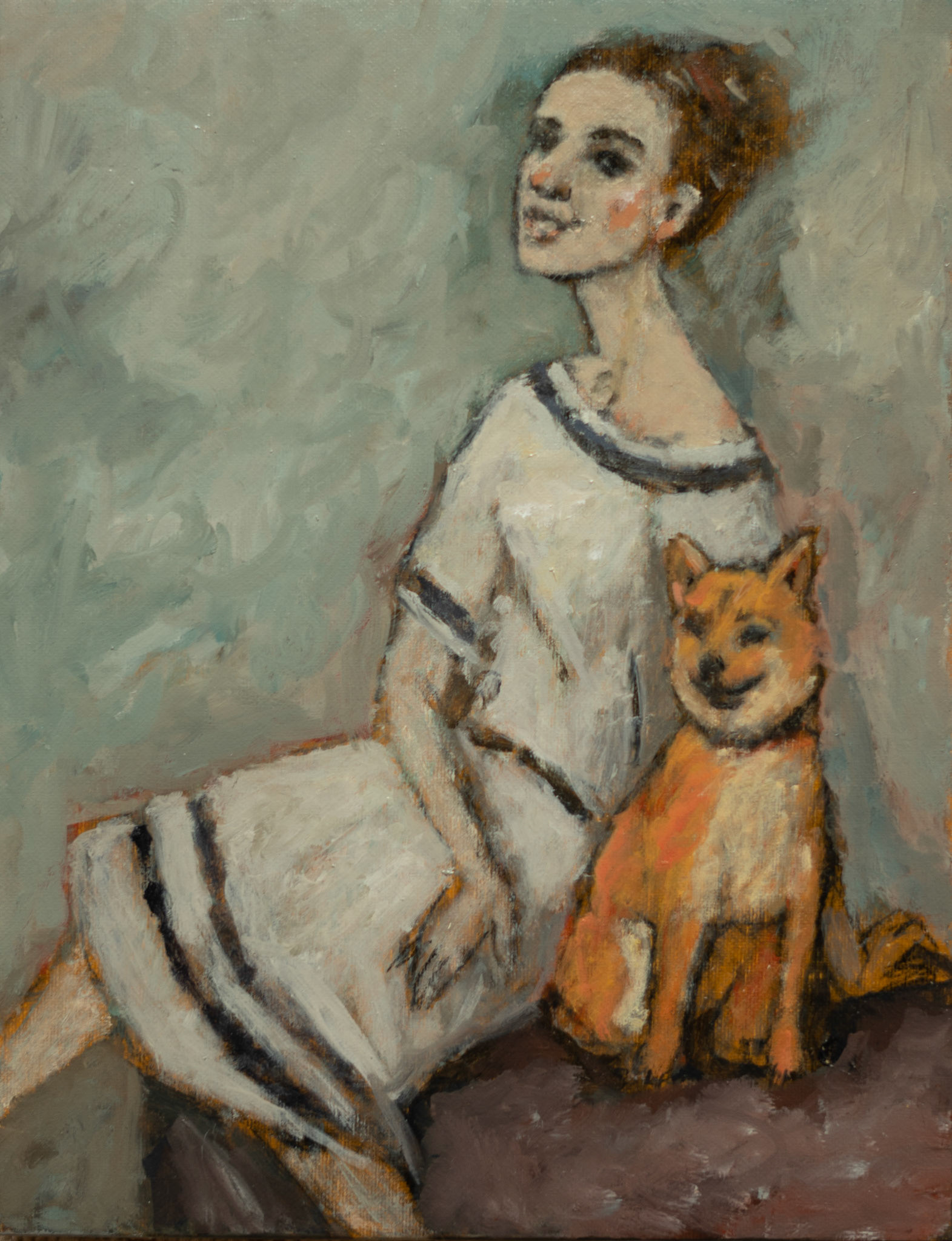 GIRL WITH AKITA INU DOG, oil on panel, 25x20cm. Available.