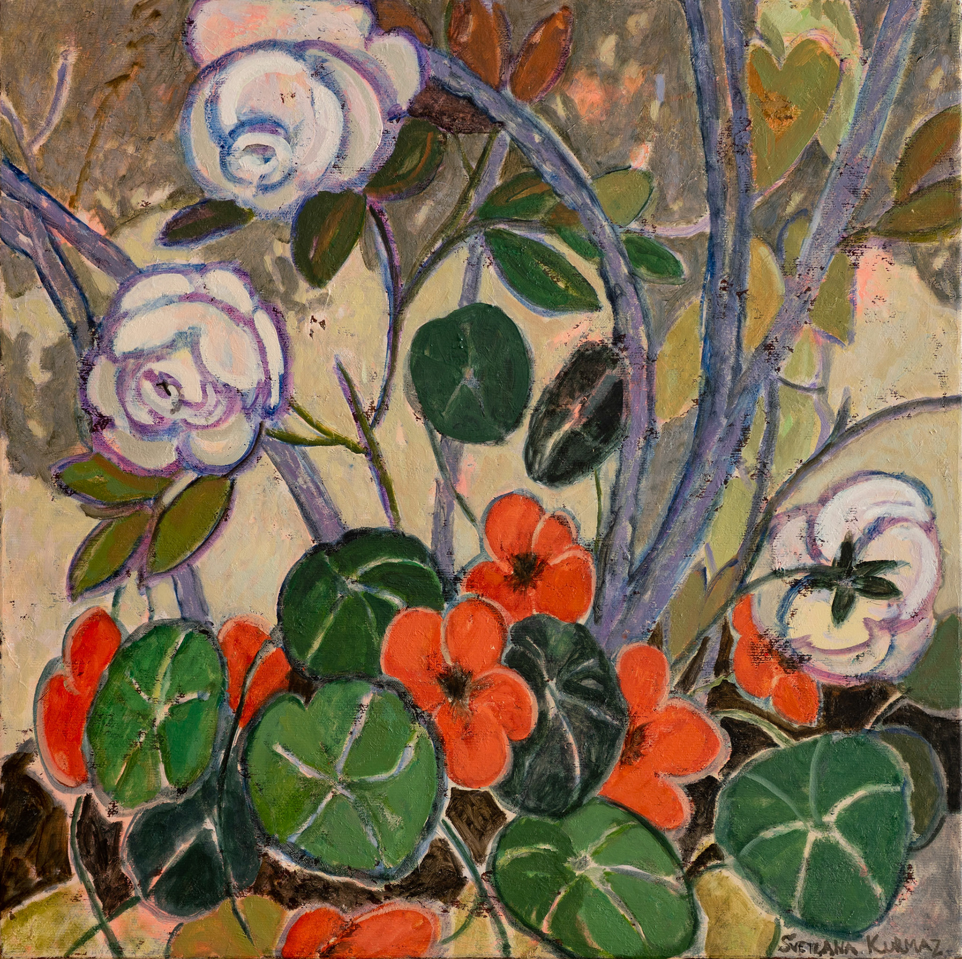 NASTURTIUM AND ROSES, oil on canvas, 40x40x2cm, 2020