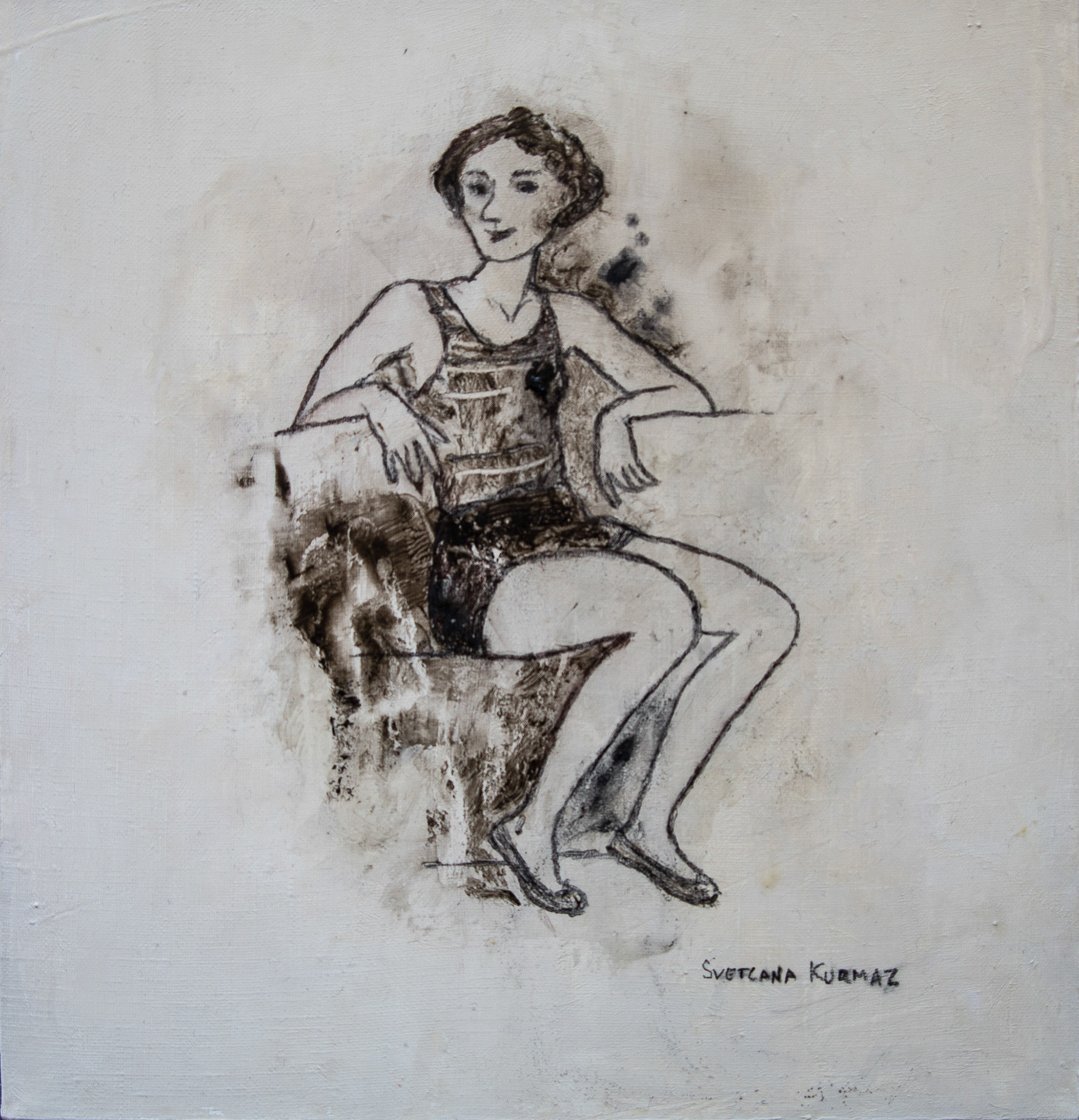 BATHING BEAUTY (1), charcoal on hardboard, 35x30cm.