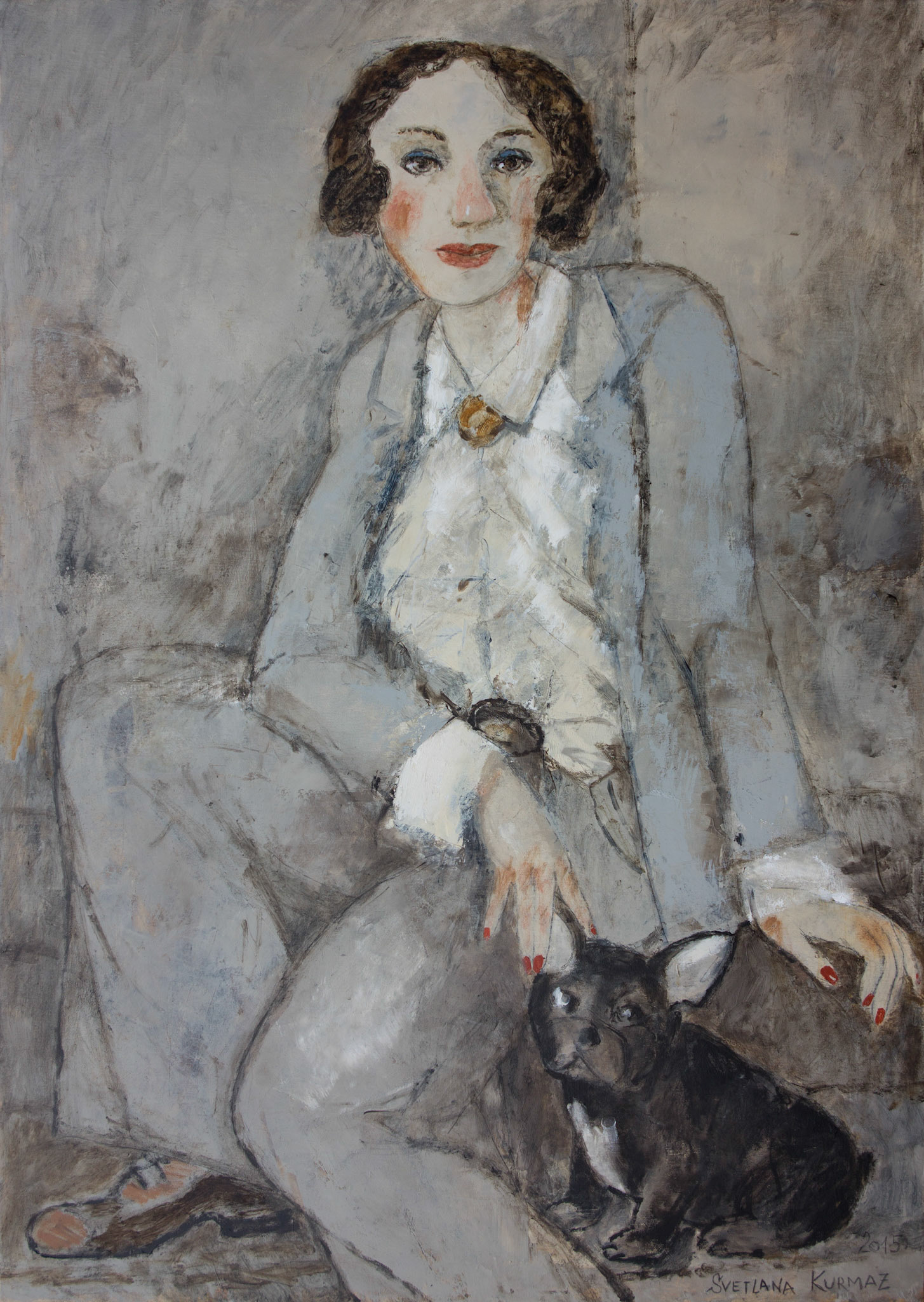 LADY WITH FRENCH BULLDOG , oil on canvas, 100x70cm.