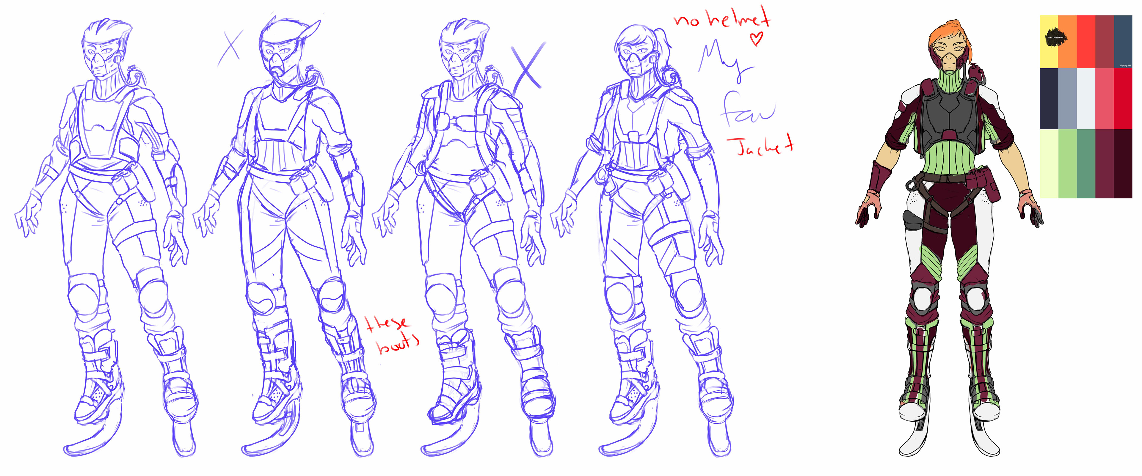 Moving on and choosing the final silhouette, with one rough color test.