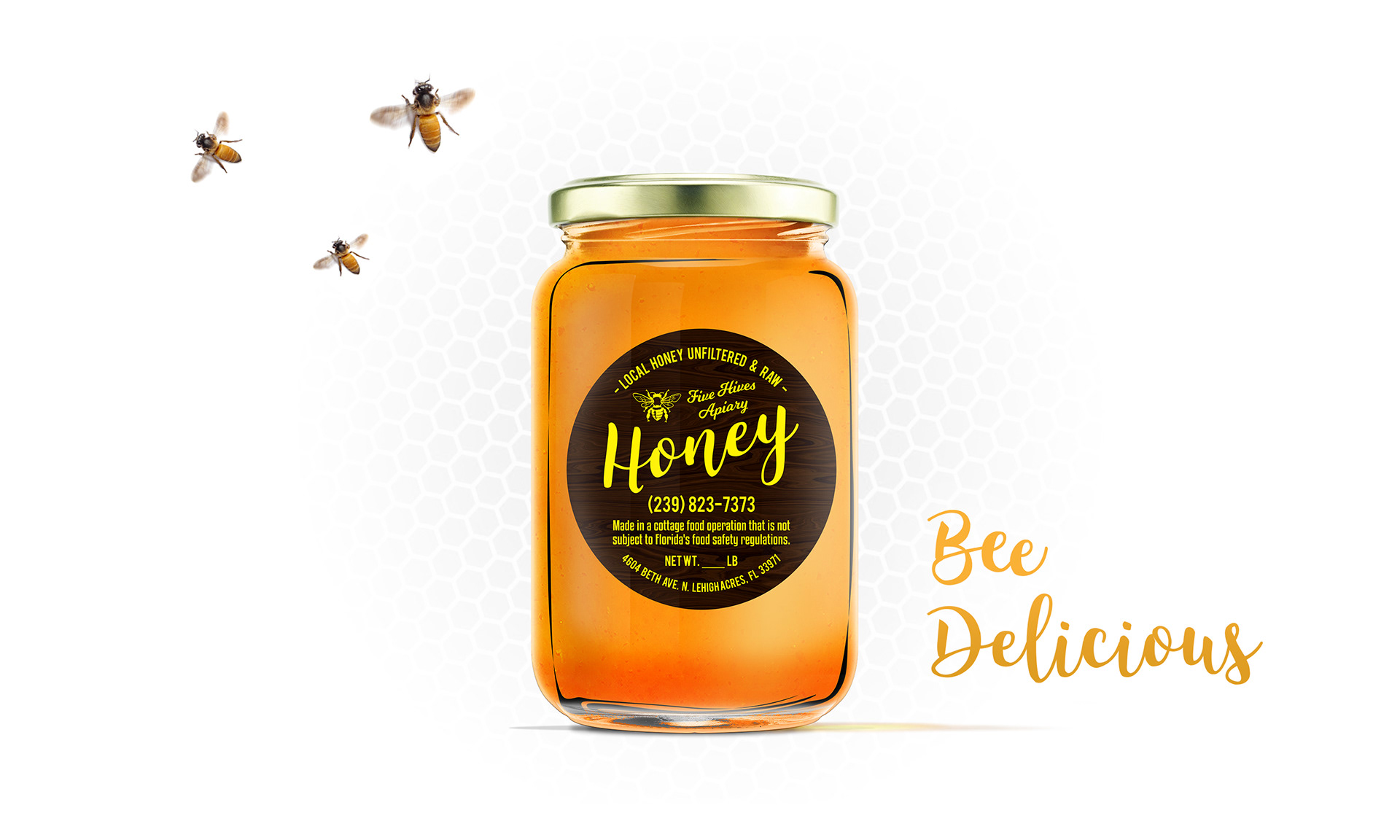 Bottle design for Five Hives Apiary. Local and delicious honey made by a local beekeeper.