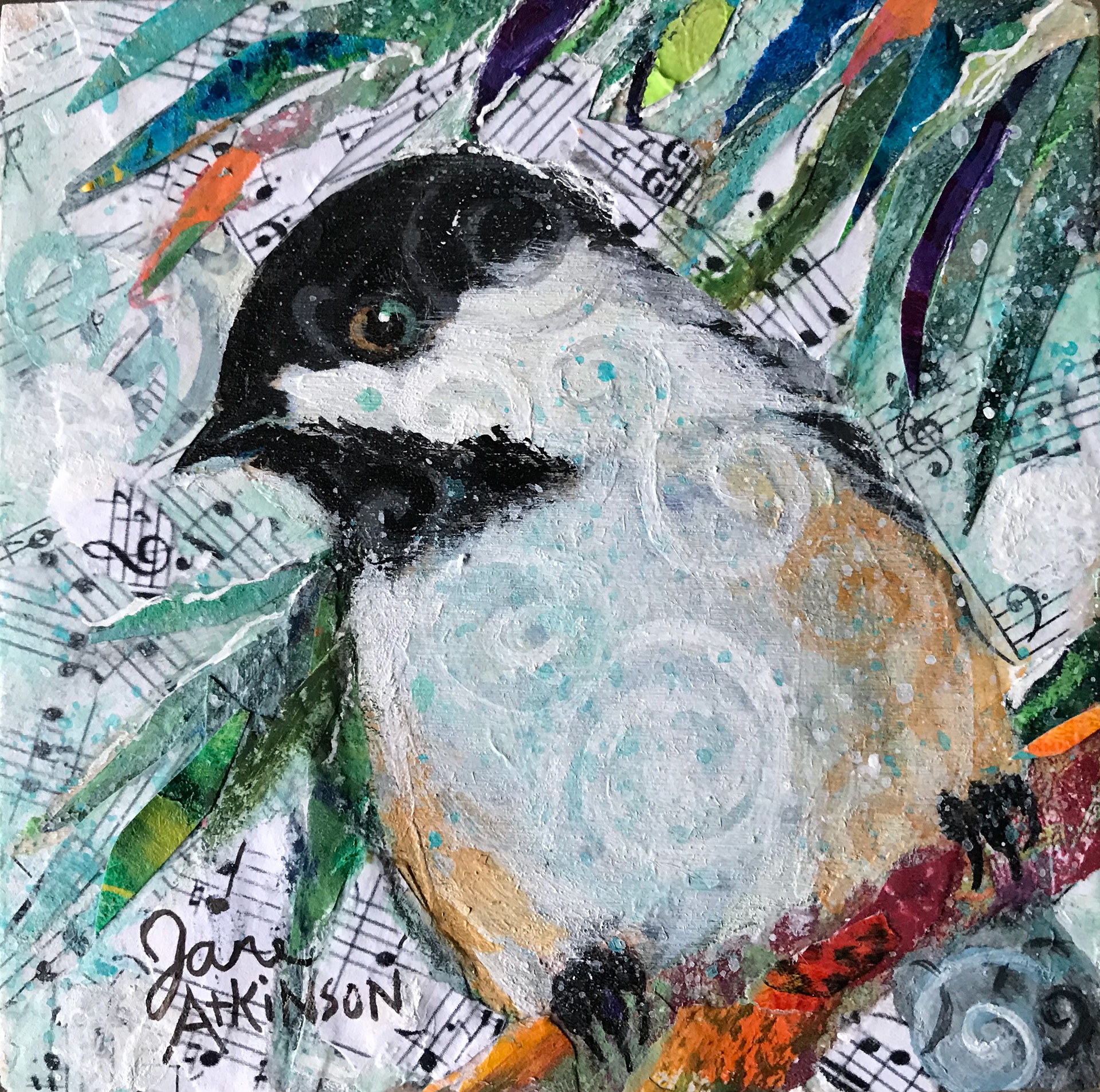 Musical Chickadee (Miniature), 4: x 4", Mixed Media on Wood Panel, $95.00