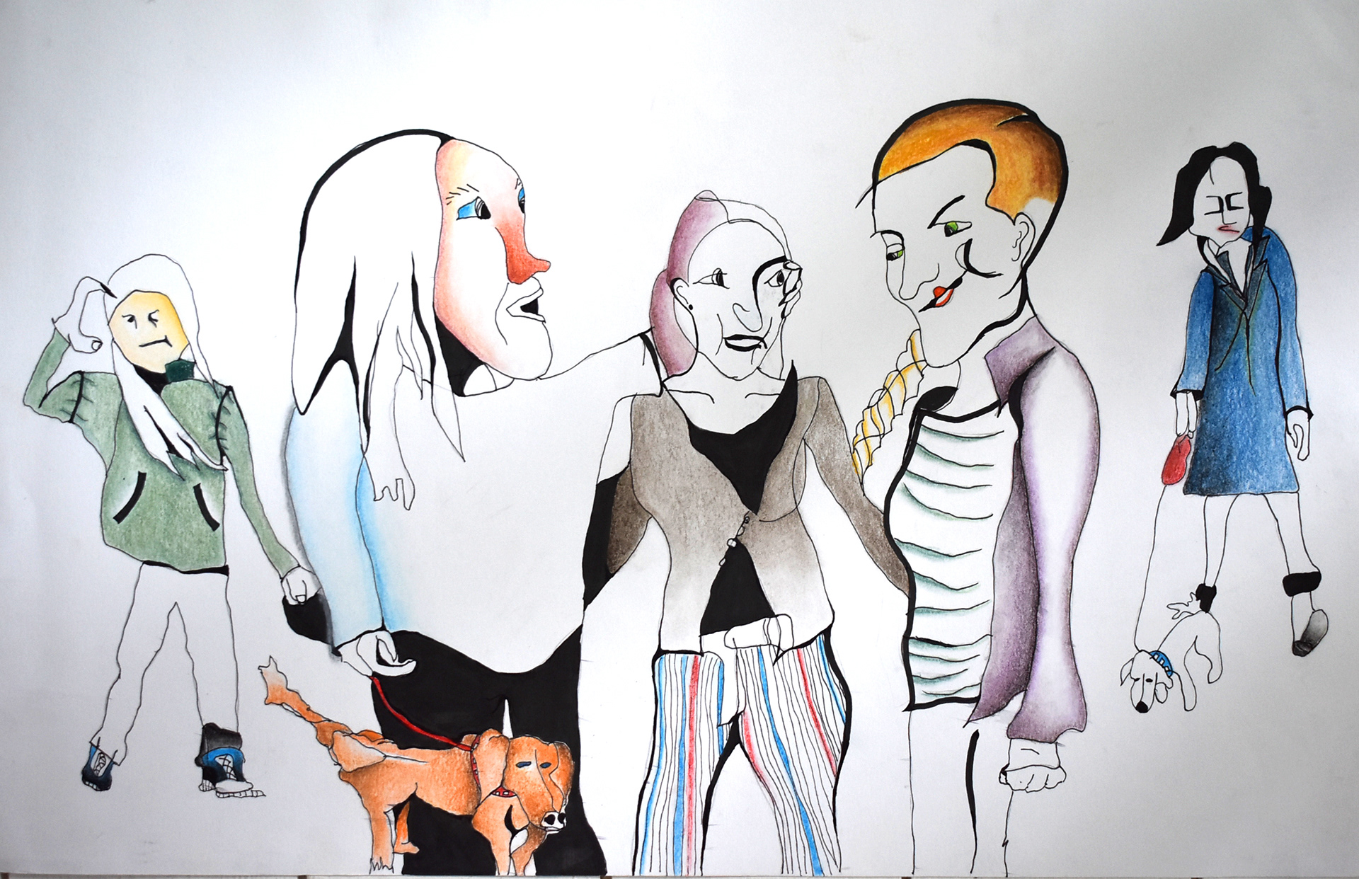 Friends and dogs | pencil, marker, fineliner, soft pastel