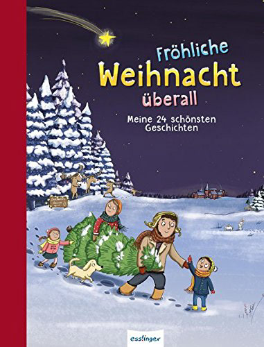 Weihnachten , Kinderbuchillustration, Weihnachtsanthologie, Esslinger Verlag, Schneelandschaft, Weihnachtsbaum, Hund, Familie, festlich