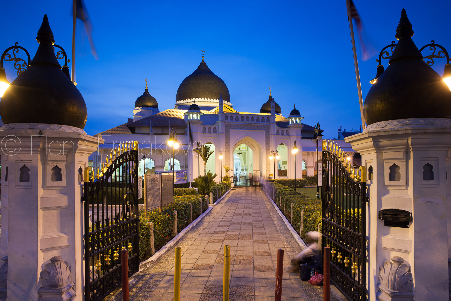 Kapitan Keling Mosque after sunset in George Town, Penang, Malaysia. Travel photography by Elena Ermakova.