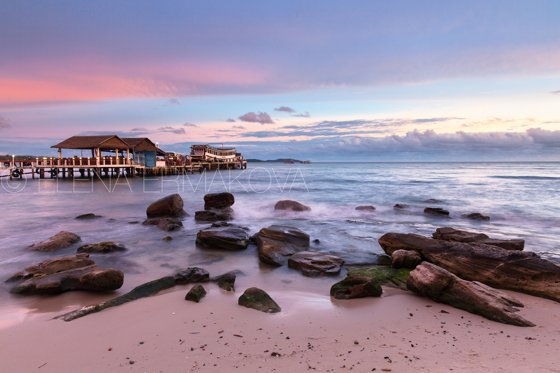 Serendipity beach at sunset, Sihanoukville, Cambodia. Travel photography by Elena Ermakova.