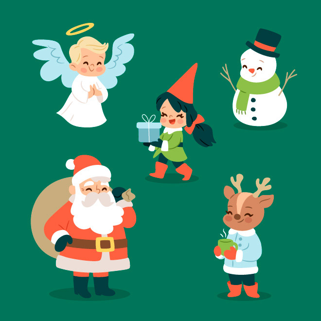 Vector illustration of cute, colorful Christmas characters: angel, elf, snowman, deer and Santa Claus