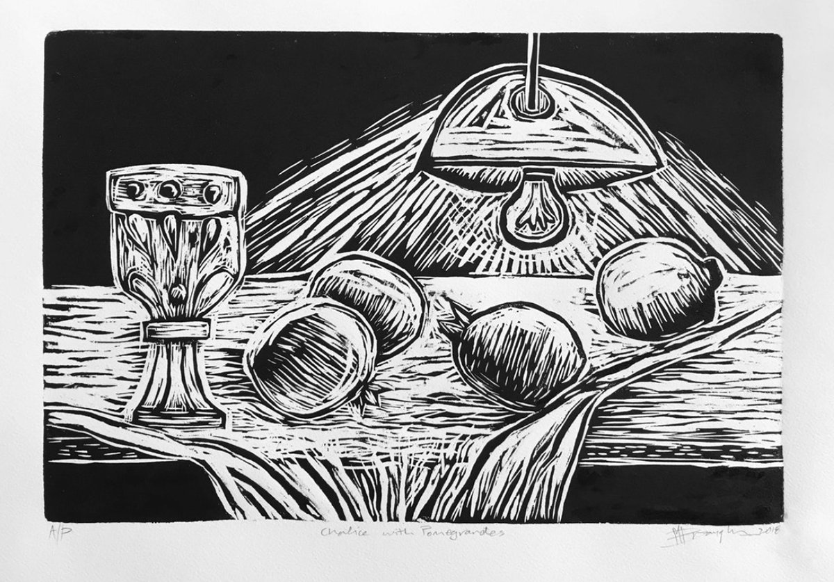 Chalice, Light and pomegranates, lino cut print