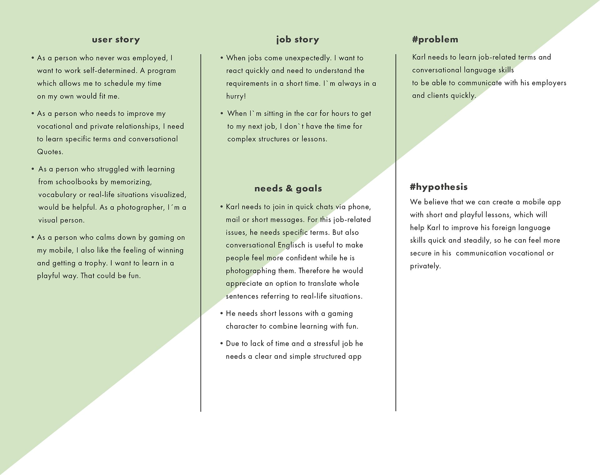 User Stories, Job Stories, Needs & Goals, Problem Statement & Hypothesis