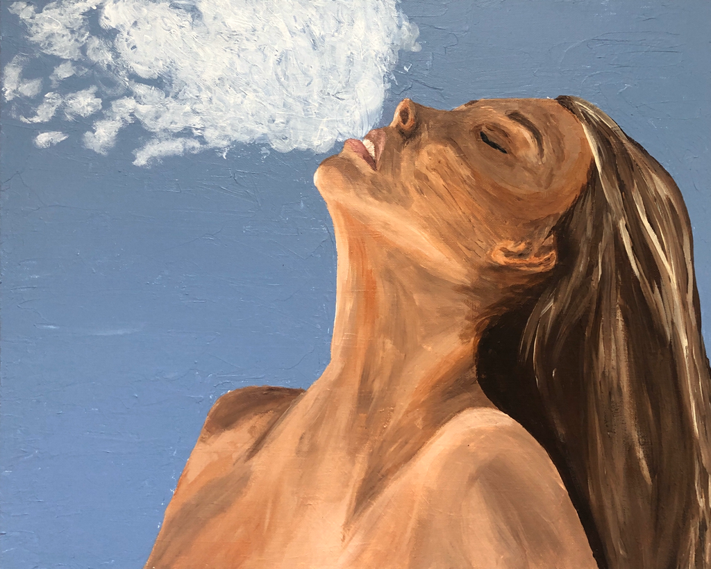 "Relief" | 16” x 20” | Acrylic and gel medium on canvas | This piece explores how the combination of the shoulders, neck and mouth can show relief. I was inspired by an image by Jackson Carvahlo. I recreated my own version of the image with my own body. I decided to use a light blue because it evokes a sense of serenity. 