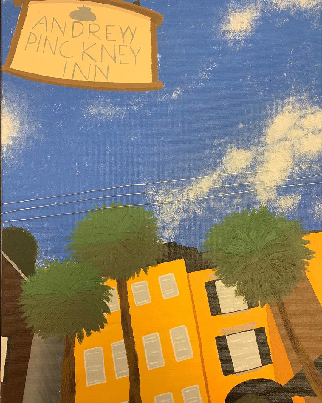 “The Yellow Inn” | 11” x 14” | Acrylic, modeling paste, and wire on canvas