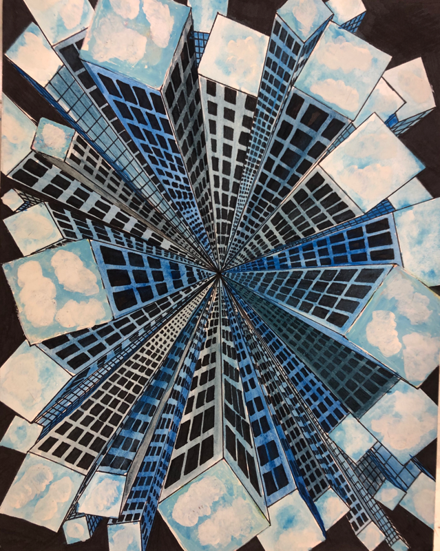 "Reflection" | 10” x 12” | Watercolor and Sharpie | I wanted to explore what it might look like from a plane's view if there were mirrors on the roofs of skyscrapers.