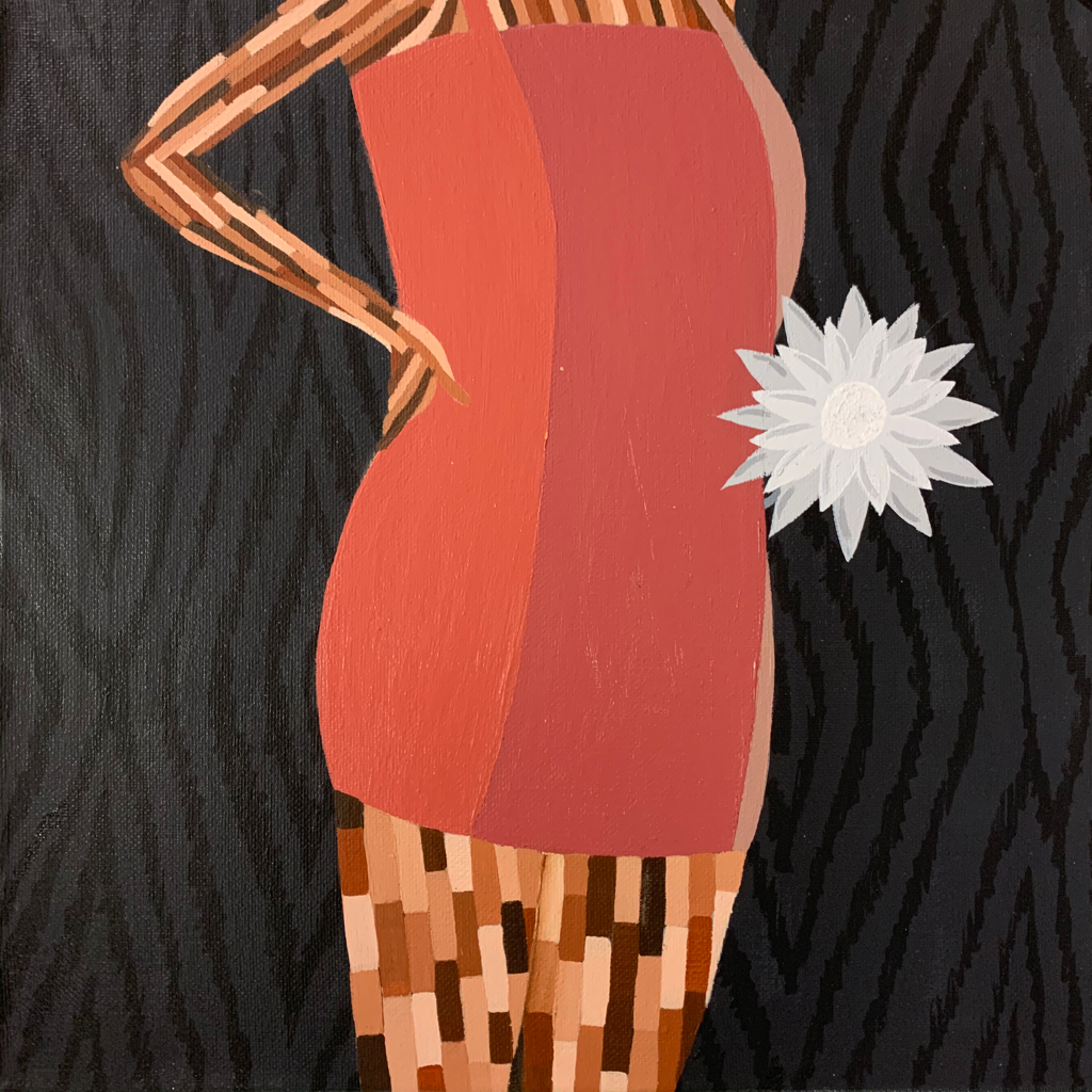 “Brought Together” | 12” x 12” | Acrylic | The photo I used for this painting was taken at the Charlotte pride parade I attended previously this year. I liked this picture because it represented how society brought together a group of people who often feel alone. This event brings attention to these people and normalizes people being who they want to be. I loved how this piece tied in with my others because it shows the positive side of society.