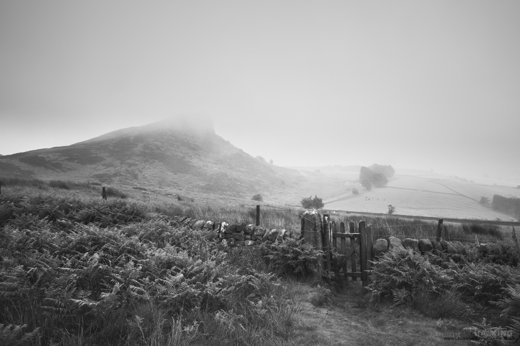Hen Cloud, Peak District, National Park, Derbyshire, Hill, gate, black and white, photography