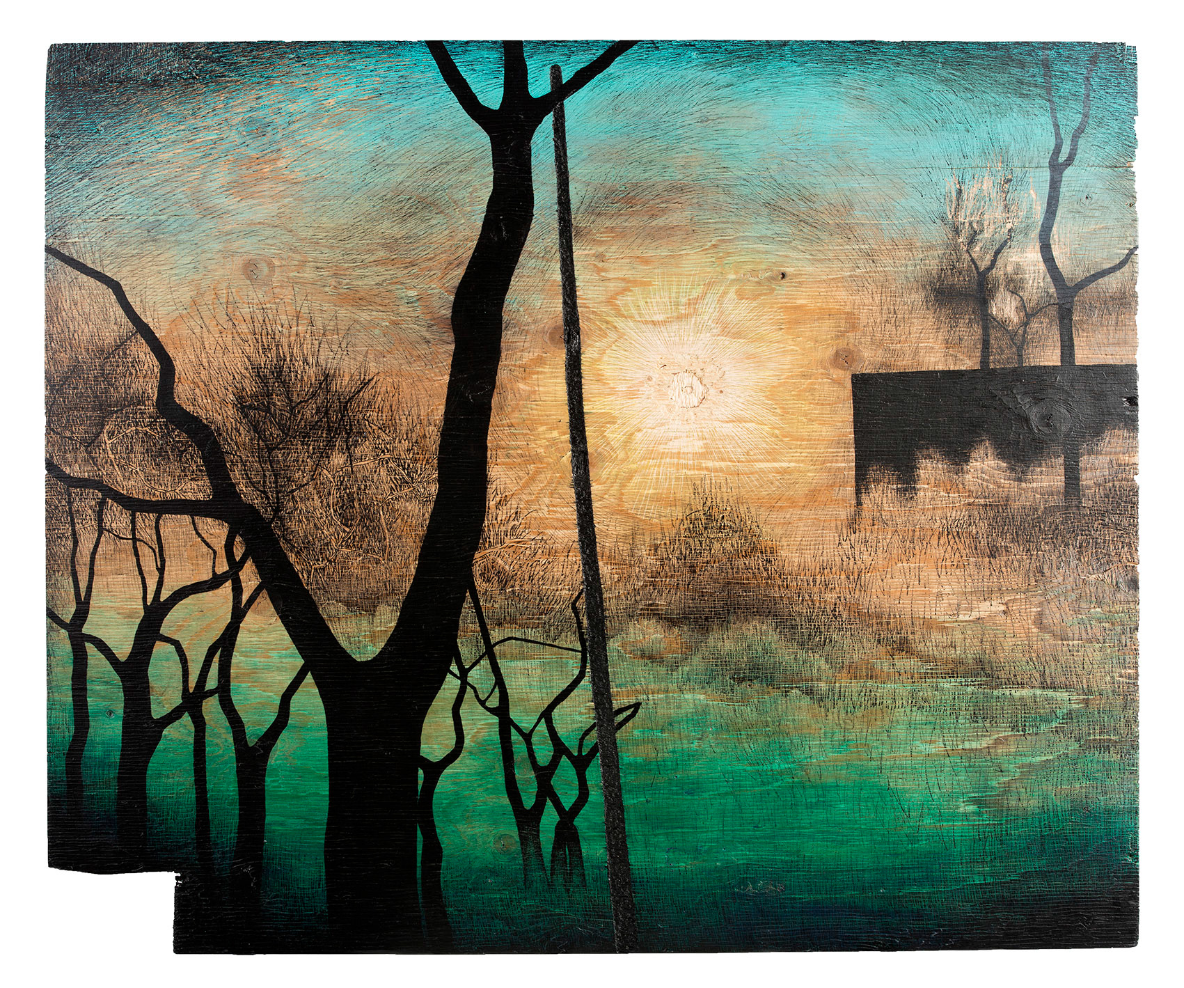 »The Urban Wilderness At Bille Kanal No.2«, 2013, acrylic paint, marker, enamel on ply wood, scratched and carved into ply wood, 120 × 100 cm, Artwork by Lena Schmidt, www.lenaschmidt.com, Art, Wood, Drawing, Painting, Carving